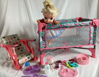 Fun Assortment Of Used Doll Toys Featuring A Cute Doll, Life-Like Collapsible Crib, Chair & More