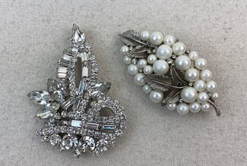 Pair Of Vintage Style Rhinestone & Faux Pearl Brooches