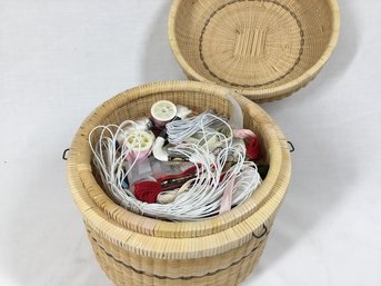 Lidded Woven Sewing Basket With Supplies