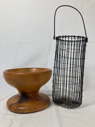 Wooden Bowl With Metal Net Basket Home Decor Pieces