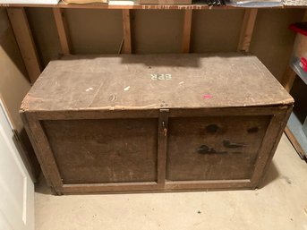 Big Antique Wooden Industrial Storage Trunk With Hinged Lid, Approximately 65 Inches Long By 26 Tall