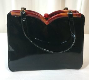 Black Patent Leather Vintage Handbag With Tortoise Shell Pattern Lucite Frame