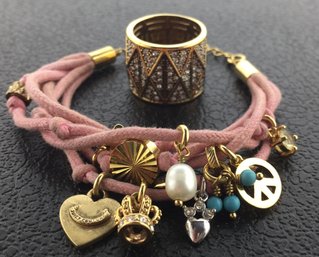 Juicy Cute Pink Multi Strand Charm Bracelet & Vintage Gold Tone Geometric Cocktail Ring