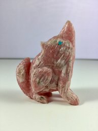 Carved Rhodochrosite Wolf With Turquoise Eyes