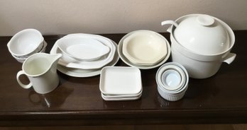 Big Collection Of White Cooking Dishes Featuring Lidded Container With Ladle