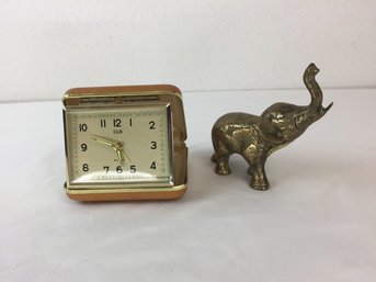 Cast Brass Elephant & Vintage Elgin Travel Alarm Clock