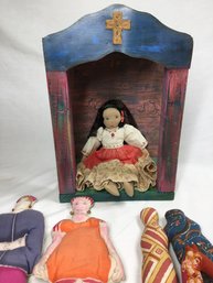 Rustic Painted Shelf & Handcrafted Vintage Fabric Dolls
