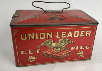 Antique Red Union Leader Cut Plug Can With Hinged Lid- See Photos