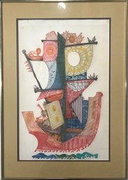 Colorful Scandinavian Framed Noah's Ark II- Original Etching- By Amram - Note Foxing On Etching- See Photos