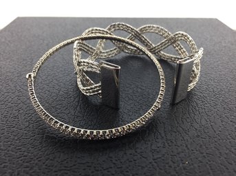 Braided Silver Tone Cuff Bracelet & Rhinestone Wrap Bracelet