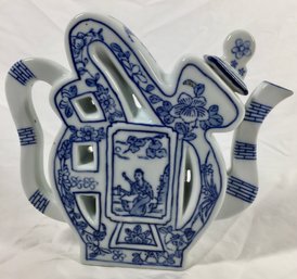 Vintage Porcelain Flat Sided Asymmetrical Blue And White Asian Teapot