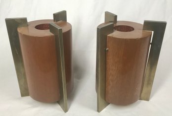 Swanky Pair Of Mid Century Wood Candle Holders With Brass Tone Metal Detail