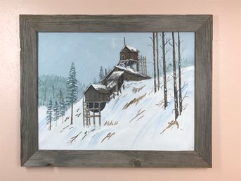 Rustic Framed Old Mountain Mine Art Piece, Paint & Wood Medium