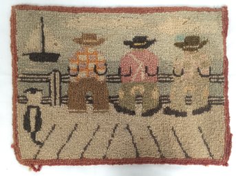 Antique Small Hand Hooked Guys On A Dock Scene Textile