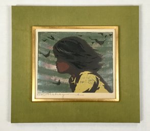 Tadashi Nakayama Girl In Wind Signed Japanese Woodblock Print 1956