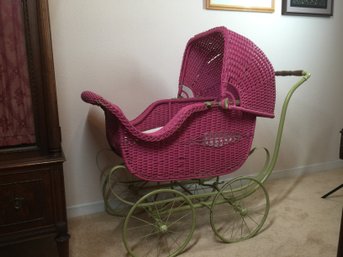 Vintage Pink Wicker And  Metal Frame Baby Buggy* Please Note Separate Pick Up Location