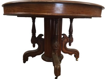 Outstanding Victorian Hand Carved Walnut Pedestal Base Round Top Table With 5 Leaves