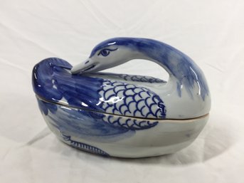 Blue Porcelain Lidded Goose Hand Painted Thailand