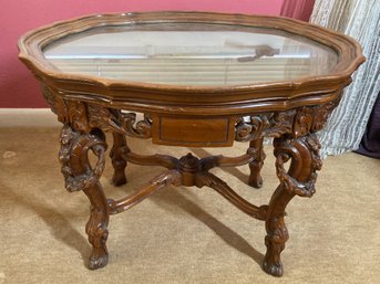 Very Ornate Carved Wood Antique Table With Glass Top