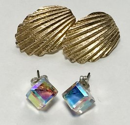 2 Pair Of Earrings - Textured Gold Posts & Faceted AB Crystal Cubes