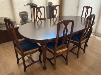 Long Vintage Wooden Table With Two Leaves With Table Pads & Chairs