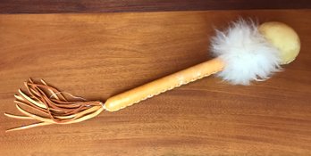 Gourd Rattle With Leather Tassels And Fur Around Handle