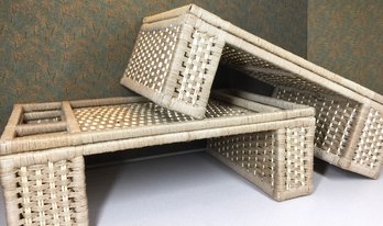 Pair Of Woven Wicker Lap Tables