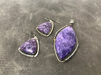 Matching Sterling Earrings & Pendant With Charoite Stone