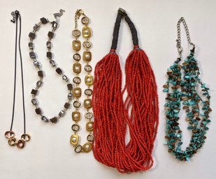 Perfect Assortment Of Necklaces- Geometric Multi Color Metal & Pair Of Red And Turquoise Glass