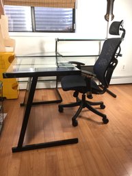 Glass Top Black Metal L Shaped Desk With Chair - Chair Arm Has Been Repaired* Please Note Separate Pick Up Loc
