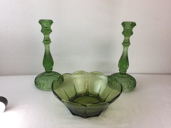 Vintage Green Glass Candelabras & Decorative Bowl Set