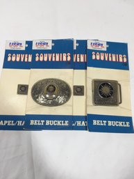 New Old Stock- 2 Souvenirs Brand Belt Buckles & 2 Hat Pins In Original Packaging