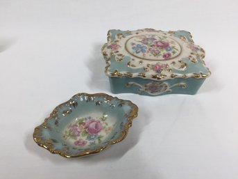 Beautiful Blue Floral Hand Painted French Style Trinket Box & Dish