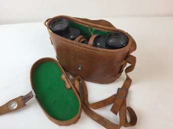 Binoculars In Vintage Leather Case With Leather Strap