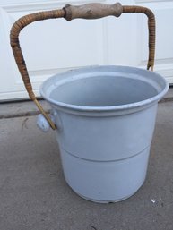 Vintage White Enamel Bucket With Rattan Handle