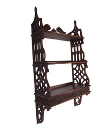 Vintage Chinese-Chippendale Style 3-Tier Curio Wall Shelf W/ Double Drawers- See Photos
