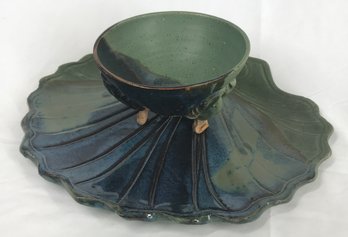 Handmade Sea Green And Blue Ceramic Lobster Detailed Pedestal Bowl & Platter