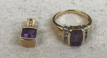 Beautiful 14k Gold Pendant  & Ring With Amethyst And Diamonds- See Photos For Weight