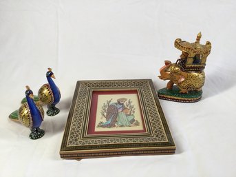 Ornately Decorated Persian Painting With Painted Wood Elephant &  Pair Of Peacocks Figurines