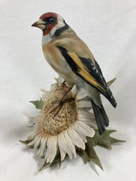 Signed Ceramic Painted Bird Figurine On Flower- Some Small Chips Shown In Photos