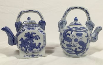 Pair Of Ornate Blue & White Chinese Teapots