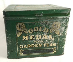 Authentic Vintage Green Gold Medal Brand Garden Teas Tin With Hinged Lid