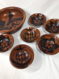 Large Wooden Bowl Folk Art Floral Checked Vintage Salad & 6 Sm Bowls