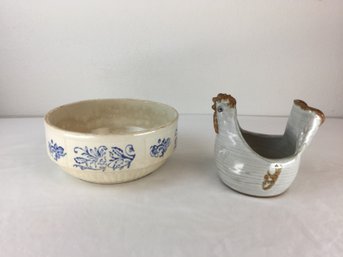 Antique White & Blue Ceramic Bowl & Ceramic Chicken