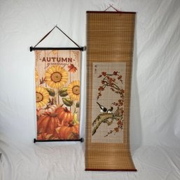 Vintage Bamboo Woven Blossom & Bird Scene & Fall Themed Hanging Wall Piece