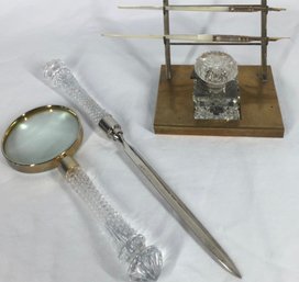 Antique Cut Glass & Brass Desk Accessories