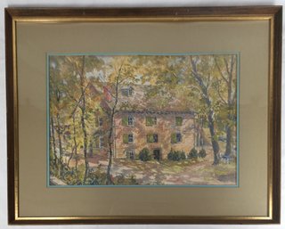 Framed Watercolor Of House And Trees