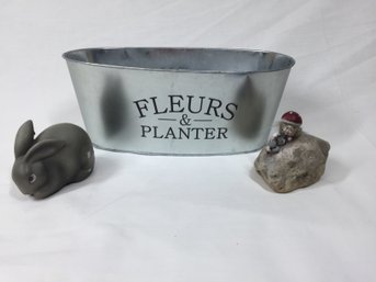 Metal Planter Tin And 2 Fairy Garden Accessories