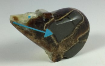 Hand Carved Signed Stone Zuni Bear With Turquoise Inlay