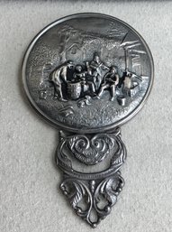 Interesting Metal Mirror With Ornate Handle & Scene On Back